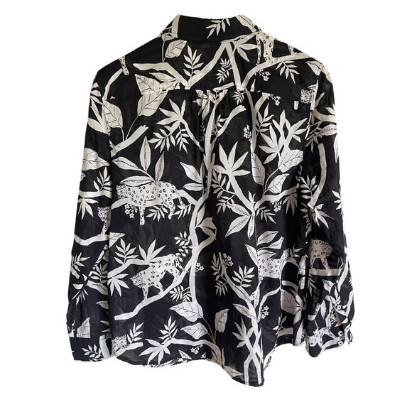 Talbots Black White Large Petite Collared Shirt Button Front Tropical Jungle Big - Picture 2 of 7